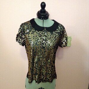 Black & Gold Sequined Top w. Black Satin Peter Pan Collar